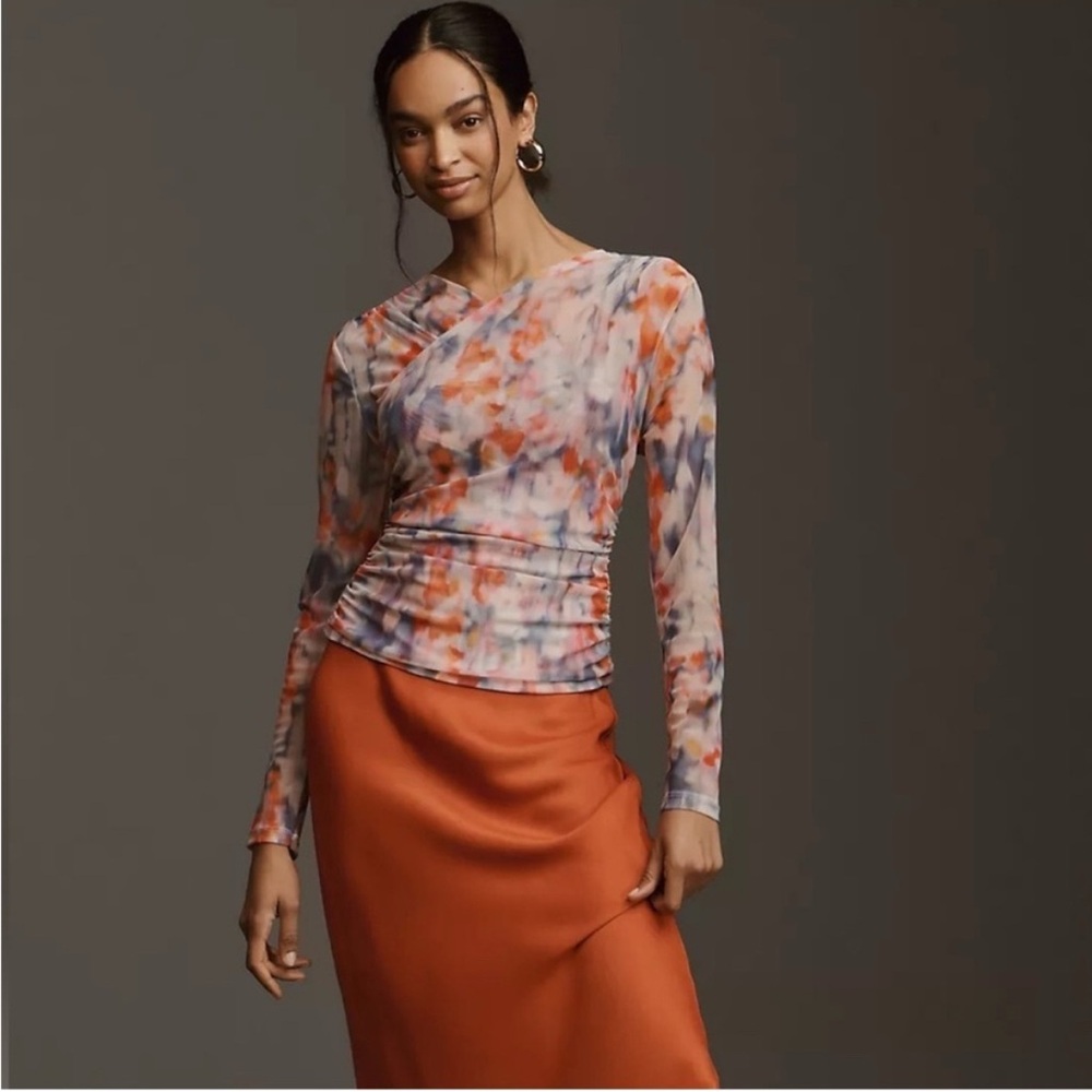 Anthropologie lined mesh multicolor ruched top.